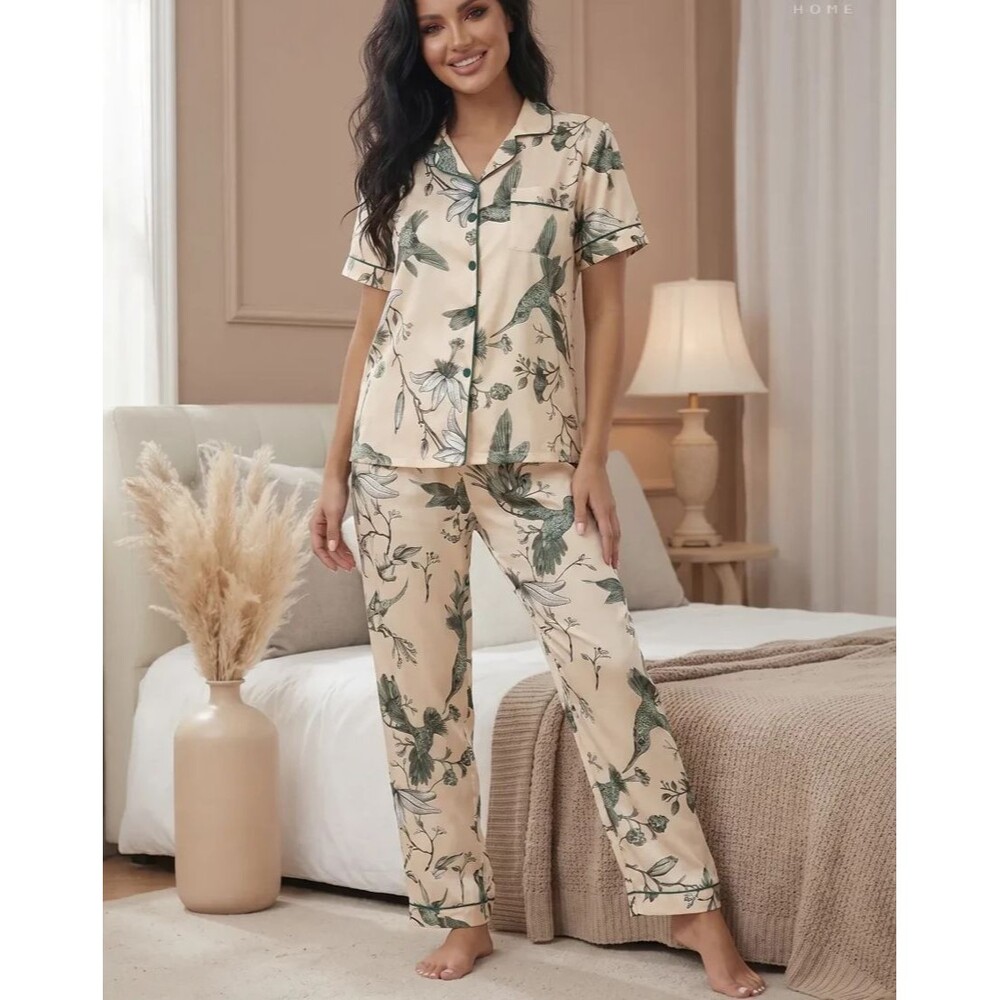 Womens L Ivory Floral Print Knit Pajama Set Button Up Short Sleeve Shirt Pants